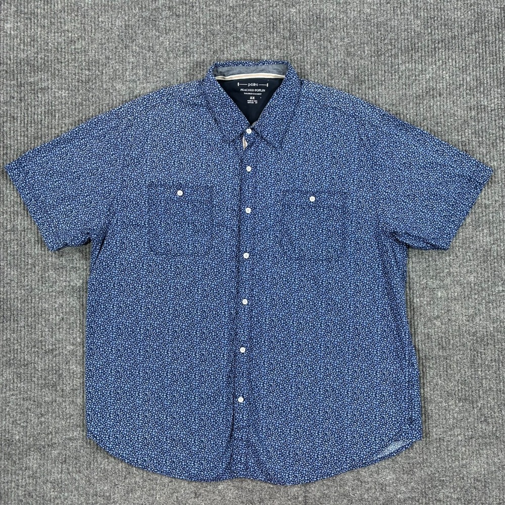 PD&C Peached Poplin Mens 2X Blue Floral Print Button Front Short Sleeve Shirt